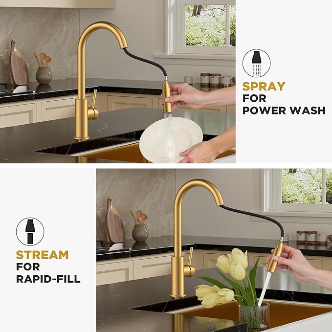 FORIOUS Gold Kitchen Faucet with Pull Down Sprayer, Brushed Brass High Arc Gooseneck Modern Sink Faucet with CUPC Ceramic Cartridge, Single Handle Stainless Steel and Deck Plate