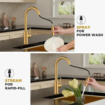 FORIOUS Gold Kitchen Faucet with Pull Down Sprayer, Brushed Brass High Arc Gooseneck Modern Sink Faucet with CUPC Ceramic Cartridge, Single Handle Stainless Steel and Deck Plate