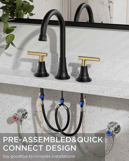 FORIOUS 8 Inch Widespread Bathroom Faucet Black and Gold, 2 Handle Mix Color Rv Matte Black and Brushed Gold Bathroom Sink Faucet 3 Hole, with 360° Rotating Spout, Pop-up Drain, and Supply Line