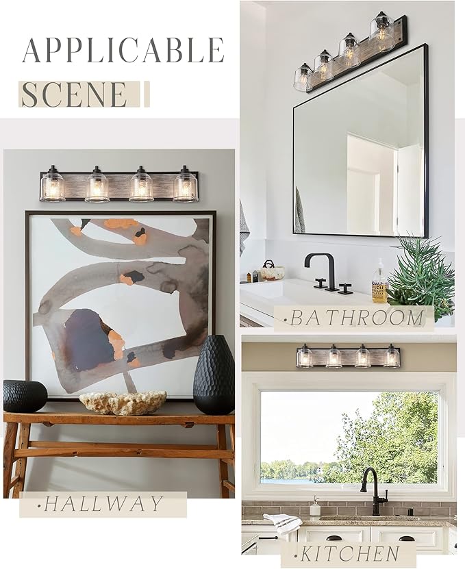 Vanity Lights for Bathroom Large 31.5", Farmhouse Rustic Vanity Light with Bubble Glass Shades, Gray 4 Light Bathroom Lighting Fixtures Over Mirror, Bath Wall Sconce Home Decor