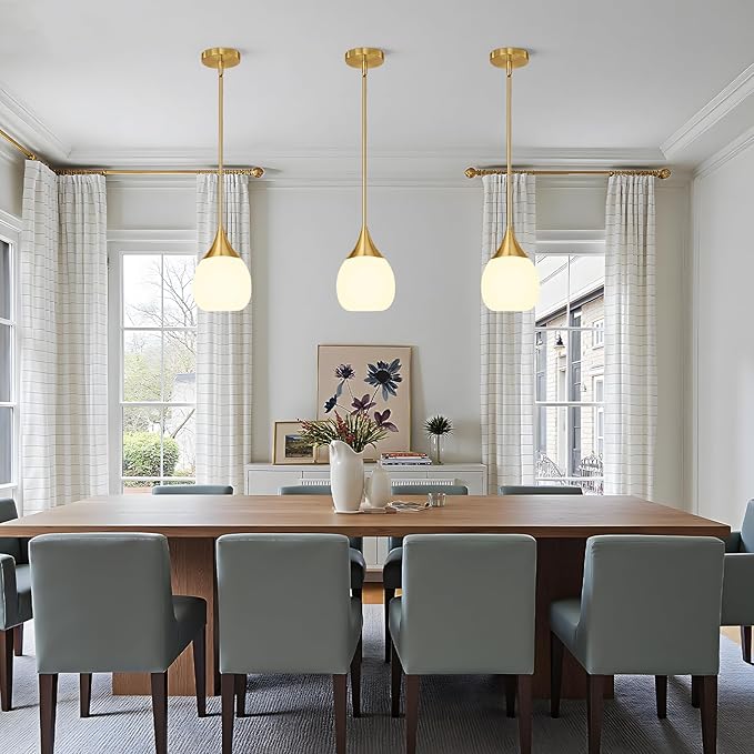 Kitchen Island Pendant Light: Mid Century Brushed Gold Hanging Light Fixtures with Milky Glass Globe - 6 Inch Farmhouse Chandeliers Ceiling Lighting for Dining Room