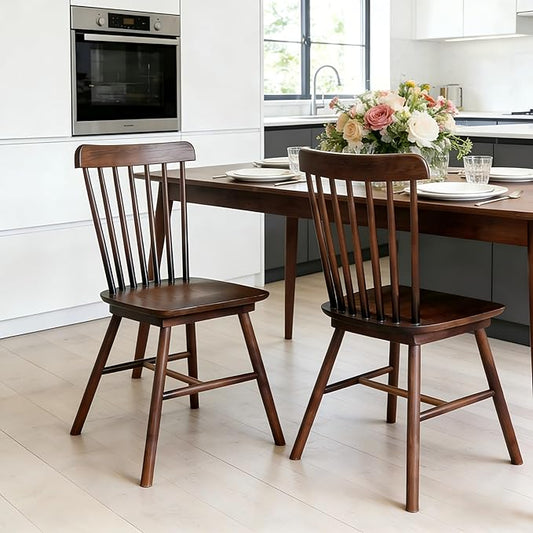 Windsor Dining Chairs Set of 2, Farmhouse Solid Wood Kitchen Chair with Spindle Back, Modern Side Dining Chairs Set for Dining Room, Kitchen, Restaurant, Brown