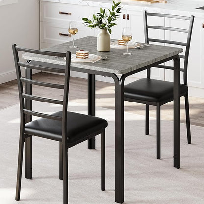 IDEALHOUSE 3-Piece Kitchen Dining Room Table Chair Set for Small Space, Indoor Modern Dinette Set for 2, Square Dinner Table Set for Dinette, Breakfast (Grey)