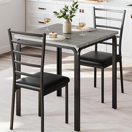 IDEALHOUSE 3-Piece Kitchen Dining Room Table Chair Set for Small Space, Indoor Modern Dinette Set for 2, Square Dinner Table Set for Dinette, Breakfast (Grey)