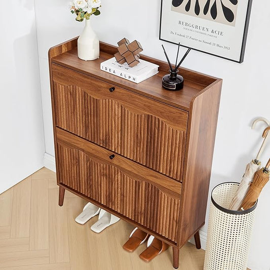 BERRYMERRY 31.5” Fluted Shoe Storage Cabinet with 2 Flip Drawers,Narrow Shoe Storage Organizer Rack with Wave Door for Entryway,Hallway,Living Room