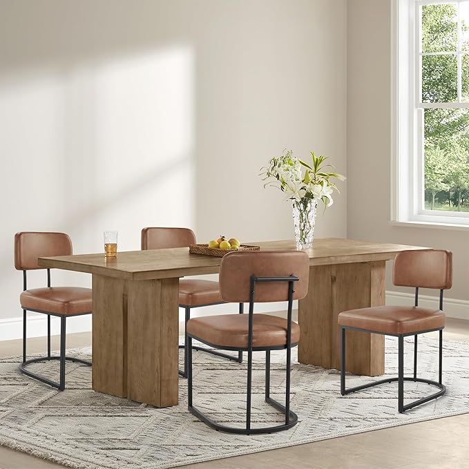 KISLOT Dining Chairs Set of 6, Upholstered Modern Kitchen Chairs with Ergonomic Backrest, Faux Leather Cushion Seat & Metal Legs for Living Room, Restaurant, and Café, Brown, 2 Boxs