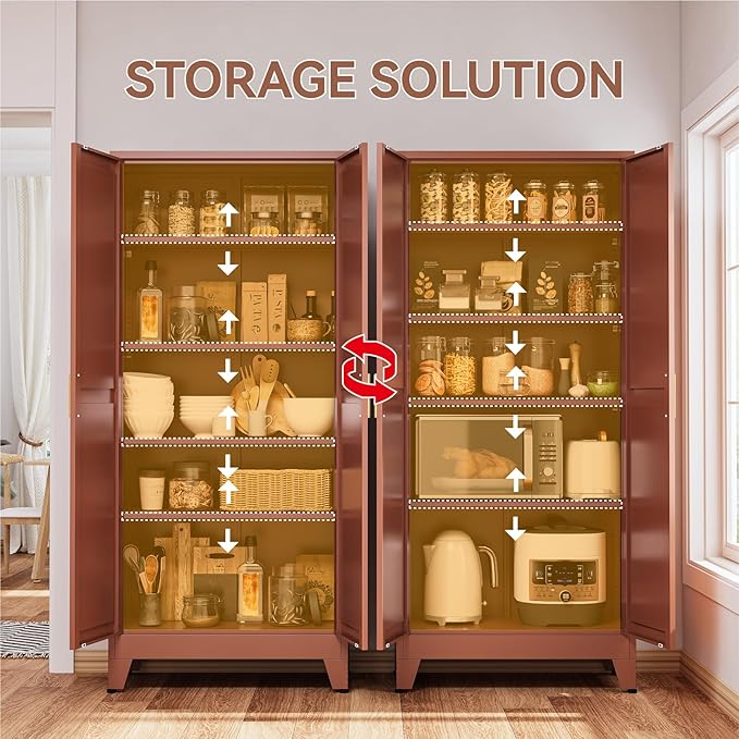 Farmhouse Pantry Cabinet with Barn Doors, 71" H x 31.5" W, 5-Tier Metal Storage Cabinet with 4 Adjustable Shelves for Kitchen Garage Dining Room,Brown 1 Pack