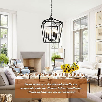 BrightHome Farmhouse Chandelier 4-Light, Black Pendant Light Fixture for Kitchen Island Dining Room, Lantern Industrial Lighting Ceiling Hanging with Metal Cage Adjustable Height for Entryway Foyer