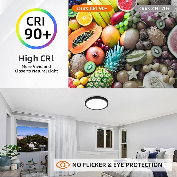Hlite 12 Inch Flush Mount LED Ceiling Light with Night Light, 24W, 2400lm, Selectable 3000K/4000K/5000K, Flat Lights for Bedroom, Kitchen, Black(1Pack)