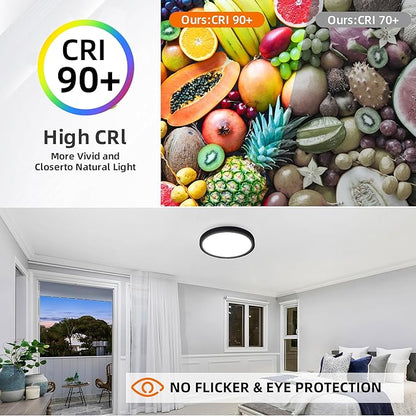 Hlite 12 Inch Flush Mount LED Ceiling Light with Night Light, 24W, 2400lm, Selectable 3000K/4000K/5000K, Flat Lights for Bedroom, Kitchen, Black(1Pack)
