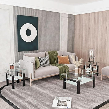 IANIYA 3 Piece Living Room Table Set, Modern Tempered Glass Coffee Table Set, Glass Coffee Table Black Metal Frame End Table for Living Room Apartment Small Space, Clear