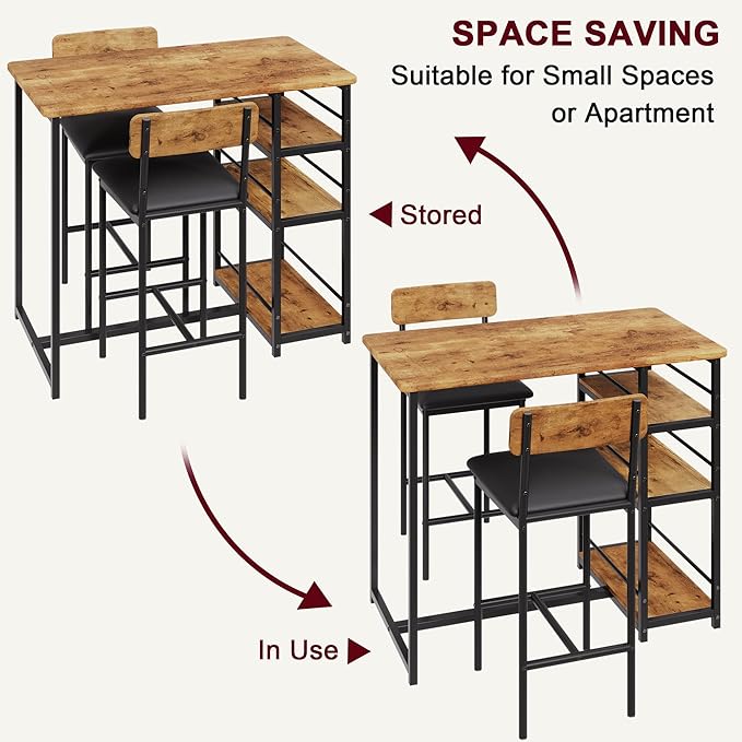 Bar Table and Chair Set with Three Shelves Small 2-Person Dining Table with 2 Upholstered Stools with Backrests Suitable for Restaurants and Bistros -Vintage Color