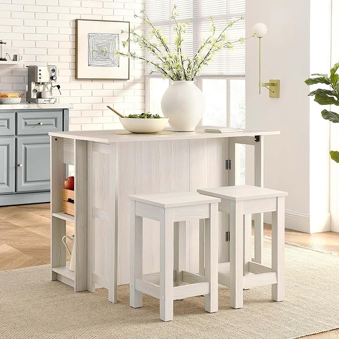 3-Piece Kitchen Island and Stool Set White Modern Contemporary Rectangular Wood Matte