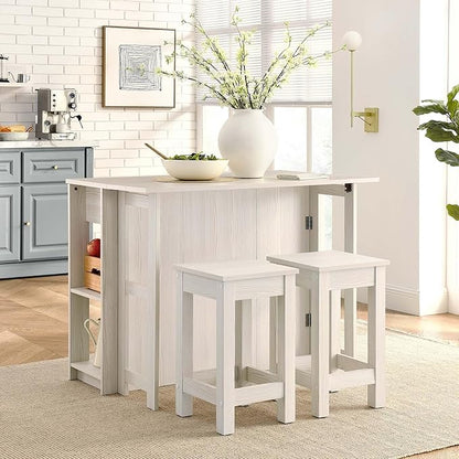 3-Piece Kitchen Island and Stool Set White Modern Contemporary Rectangular Wood Matte