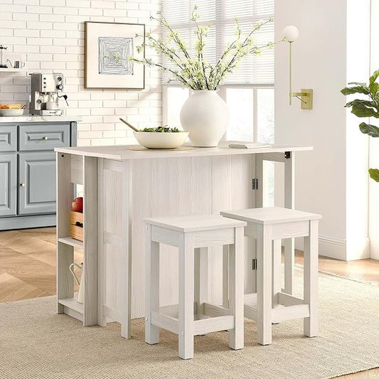 3-Piece Kitchen Island and Stool Set White Modern Contemporary Rectangular Wood Matte