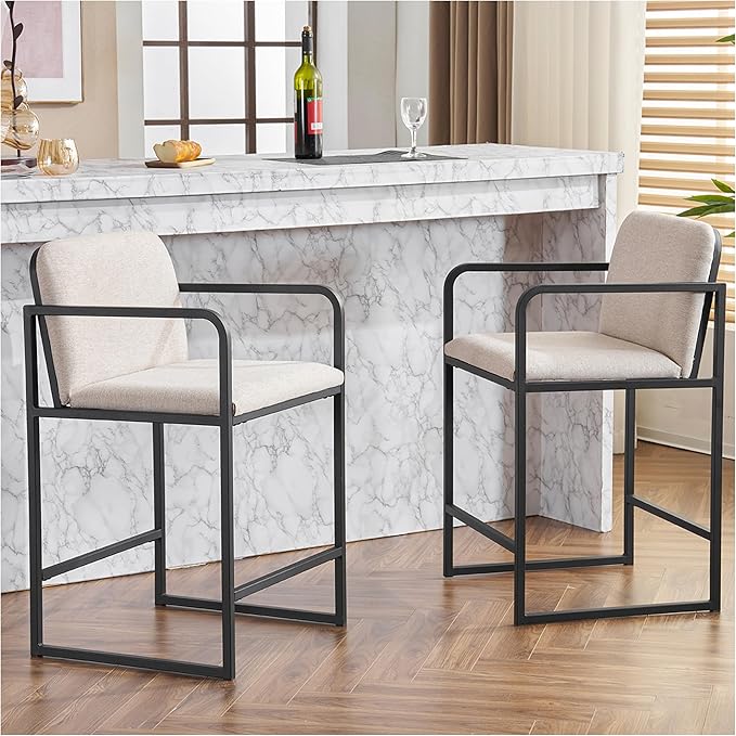Bar Stools Set of 2, Counter Height with Armrests - Beige Modern Kitchen Island Chairs