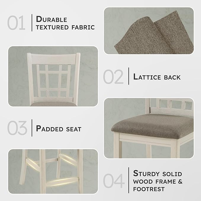 Lexicon Counter Height Stools Set of 2 - Meyer Kitchen Counter Stools Upholstered Foam Padded Seat, Lattice Back, Solid Wood Frame, Farmhouse Oak Chair, 25.5" Seat Height, Antique White