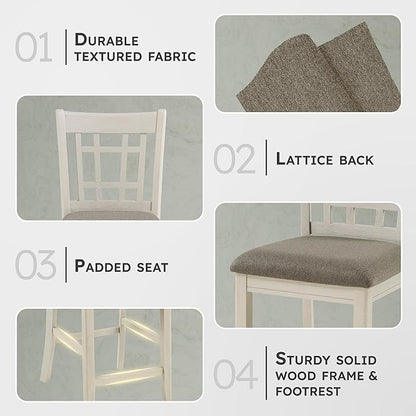 Lexicon Counter Height Stools Set of 2 - Meyer Kitchen Counter Stools Upholstered Foam Padded Seat, Lattice Back, Solid Wood Frame, Farmhouse Oak Chair, 25.5" Seat Height, Antique White