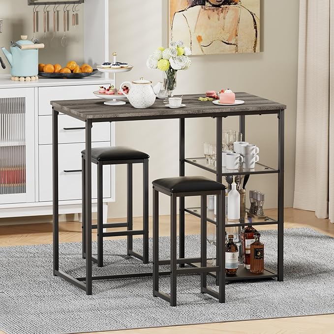 VECELO Dining Table Set for 2 with 3 Storage Shelves,Counter Height Kitchen Table and Chairs with Pu Cushion Chairs & Wood Top for Small Space,Dining Room,Apartment，Light Gray