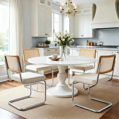 Zesthouse Rattan Dining Chairs Set of 4, White Cesca Chairs with Natural Cane Mesh & Stainless Chrome Base, Mid Century Modern Dining Room Chair, Upholstered Linen Kitchen Chair with Solid Wood Back