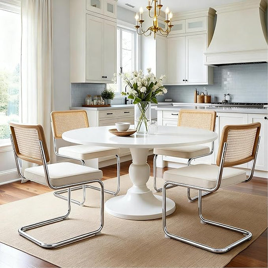 Zesthouse Rattan Dining Chairs Set of 4, White Cesca Chairs with Natural Cane Mesh & Stainless Chrome Base, Mid Century Modern Dining Room Chair, Upholstered Linen Kitchen Chair with Solid Wood Back