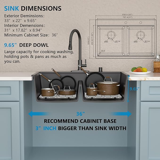 33"x22" Granite Composite Kitchen Sink Double Bowl - Matte Black Ledge Workstation Drop In Top Mount Double Bowl 50/50 Quartz Classic Above Counter Basin