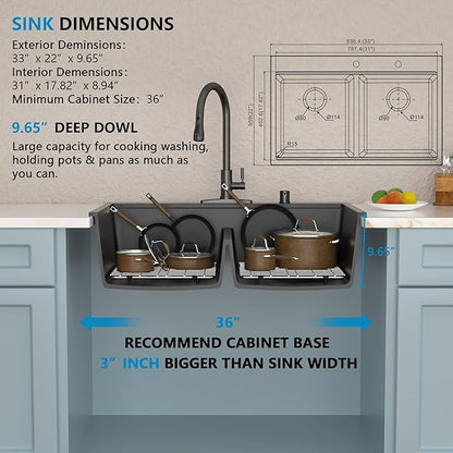 33"x22" Granite Composite Kitchen Sink Double Bowl - Matte Black Ledge Workstation Drop In Top Mount Double Bowl 50/50 Quartz Classic Above Counter Basin