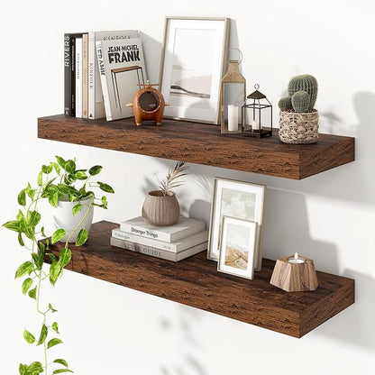 Heimlove 36 Inch Floating Shelves for Wall,Thicker and Deeper Wall Shelves Mounted Storage & Display Wood Shelf,Hanging Shelf for Bedroom Living Room Kitchen Office,Set of 2,Rustic Brown