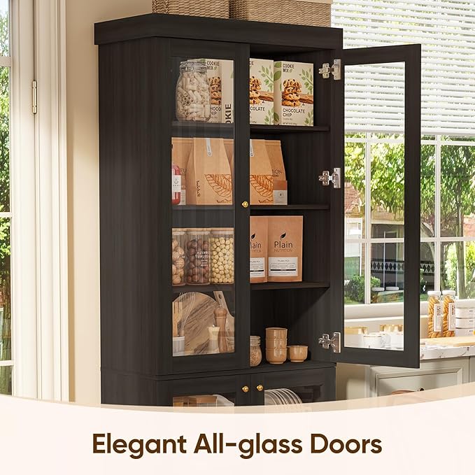 70.8" Farmhouse Kitchen Pantry Cabinet with Glass Doors, Modular Storage Cabinet with 6-Tier Adjustable Shelves, Large Storage Cabinet for Kitchen or Living Room, Set of 4, Black