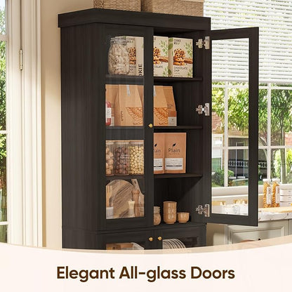 70.8" Farmhouse Kitchen Pantry Cabinet with Glass Doors, Modular Storage Cabinet with 6-Tier Adjustable Shelves, Large Storage Cabinet for Kitchen or Living Room, Set of 3, Black