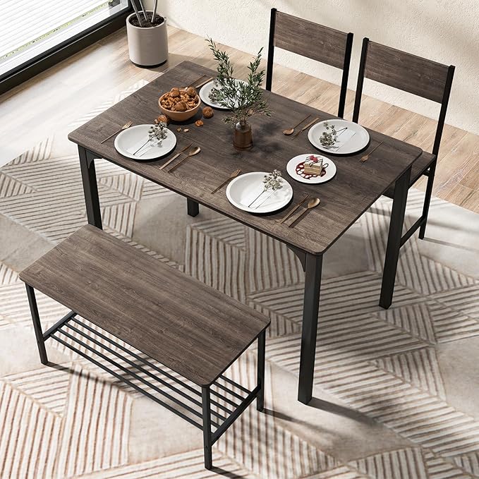 LDAILY Dining Table Set for 4, 4-Piece Wooden Kitchen Table and Chairs with Bench, Storage Rack & Metal Frame, Industrial Dining Room Table Set of 4 for Small Space, Apartment, Kitchen (Gray)
