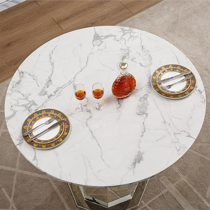 47" Round Marble Dining Table for 4-6, Luxury Modern Kitchen Table with Marble Grain MDF tabletop & Silver Mirrored Stainless Steel Pedestal Base, White Stone Dinner Table for Dining Room (Table Only)