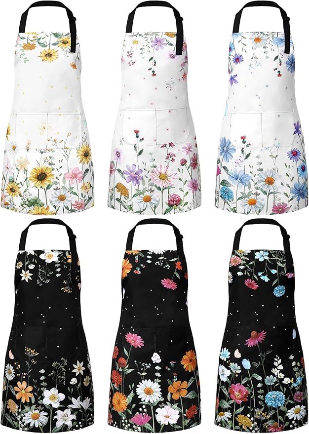 Bencailor 6 Pcs Spring Kitchen Aprons with Pockets Flower Rooster Bee Butterfly Sunflower Summer Aprons Bulk for Women(Bright Color,Flower)