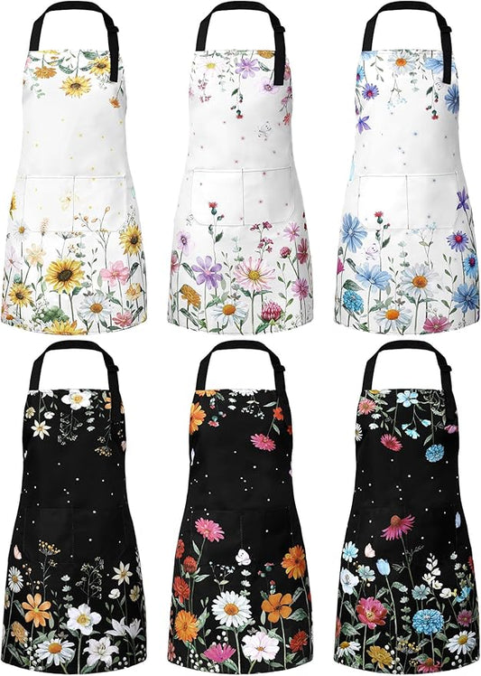 Bencailor 6 Pcs Spring Kitchen Aprons with Pockets Flower Rooster Bee Butterfly Sunflower Summer Aprons Bulk for Women(Bright Color,Flower)