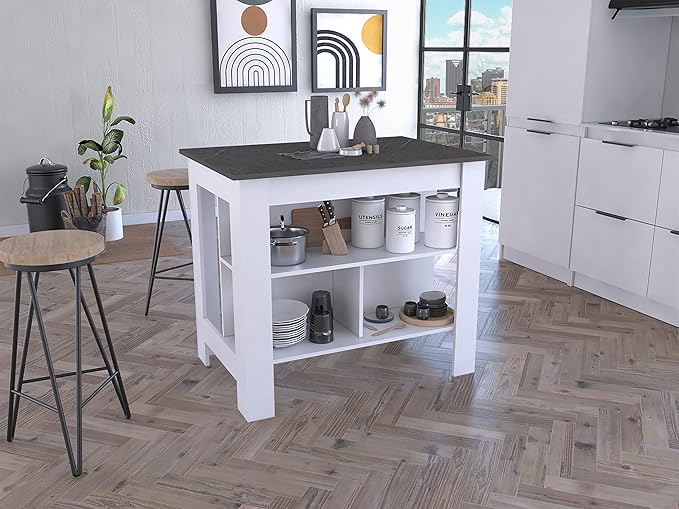 GOWE Cala Kitchen Island, Four Legs, Three Shelves -White/Onyx