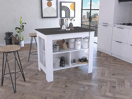 GOWE Cala Kitchen Island, Four Legs, Three Shelves -White/Onyx
