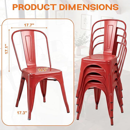 Shahoo Metal Dining Chairs Classic Iron Stackable Industrial Vintage Trattoria with Back, Indoor-Outdoor Side Settee for Home Bistro Cafe Kitchen Restaurant Set of 4, Red