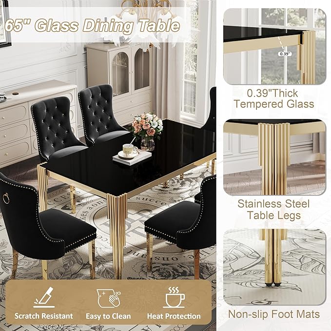 Modern Rectangle Glass Dining Table, 65" Black Tempered Glass Desktop with Gold Mirrored Stainless Steel Legs, Stylish Elegant for 6 People, for Kitchen, Living Room, Office