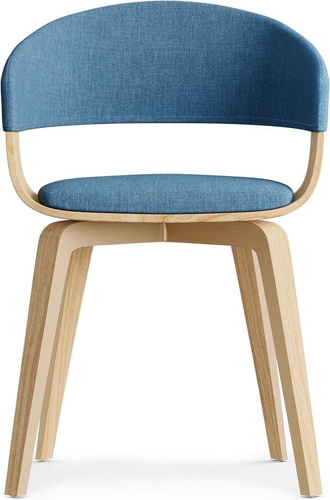 SIMPLIHOME Lowell Dining Chairs - Upholstered Light Natural Oak Bentwood Frame and Linen-Style Fabric Kitchen Chair in Blue, Modern Dining Room Seating with Curved Back and Padded Seat