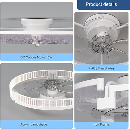 Garwarm Ceiling Fans with Lights，19.7" Ultra Low Profile Ceiling Fan with Light and Remote, Dimmable 3000K–6000K LED Fandelier Flush Mount, DC Motor, for Bedroom, Kitchen, Office