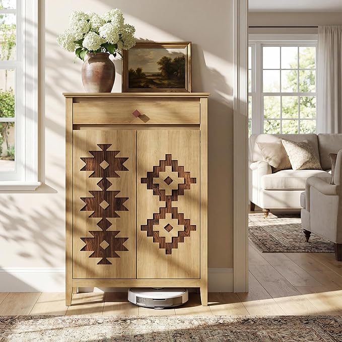 5-Tier Shoe Cabinet with Drawers, Wooden Shoe Storage Cabinet with Adjustable Shelves,Simple Tribal Style Freestanding Walnut Shoe Cabinet Suitable for Entrance,Corridor,Cloakroom,Natural