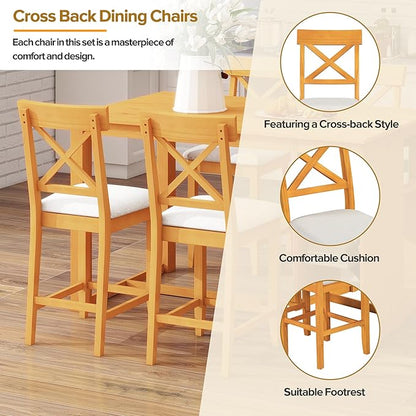 Homy Casa 60" Farmhouse Counter-Height Dining Table Set for 4, Solid Wood 3-Tier Storage Shelves, X-Back Upholstered Chairs, 36" H Kitchen Island Table, 5-Piece, Rustic Brown