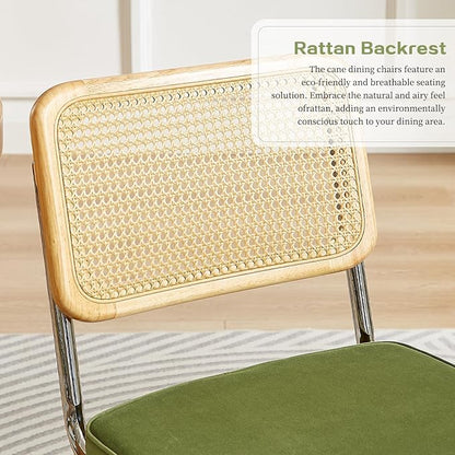 Rattan Back Velvet Dining Chair Set of 4 Modern Breuer Designed Stainless Chrome Base Armless Upholstered Dining Chair for Dining Room, Kitchen Island(Olive Green)