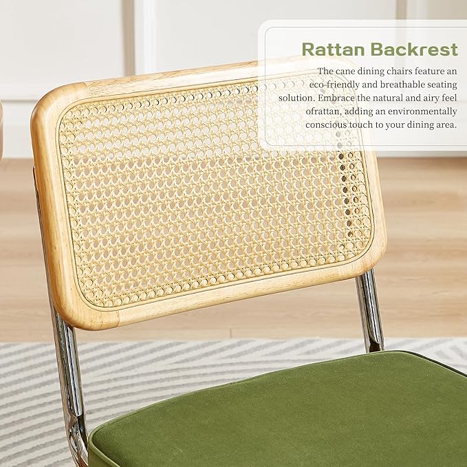 Rattan Back Velvet Dining Chair Set of 6 Modern Breuer Designed Stainless Chrome Base Armless Upholstered Dining Chair for Dining Room, Kitchen Island(Olive Green)