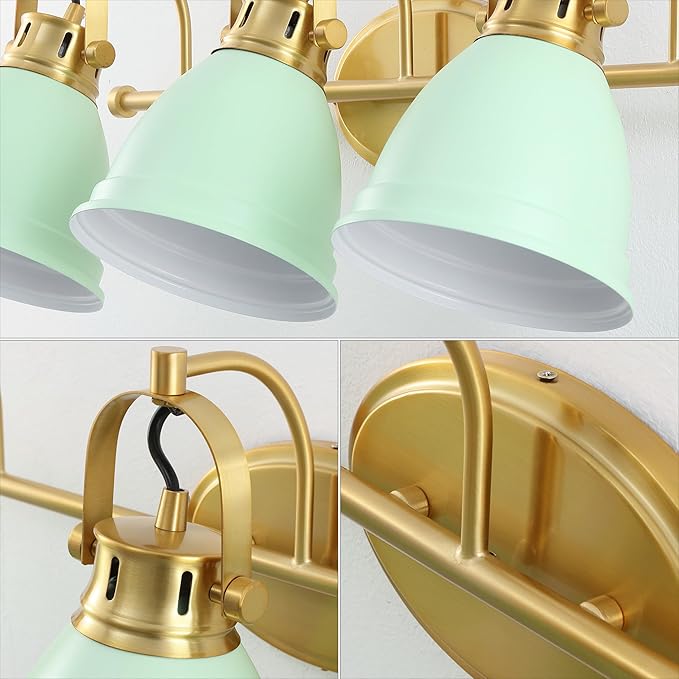 JONATHAN Y 25.5" Mint Green/Brass Gold 3-Light LED Vanity Light, Adjustable Wall Sconce for Bathroom Mirror, Farmhouse Bohemian Kitchen Light, Iron Black Bell Shade (JYL1116D)