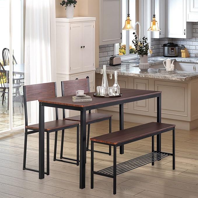 HOMCOM Industrial 4 Piece Dining Room Table Set with Bench Wooden Kitchen Table and Chairs w/Storage Rack for Kitchen, Dinette, Black/Brown