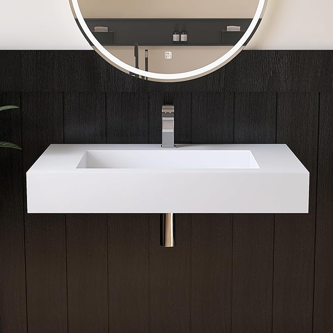 30 inch Wall Mount Floating Vanity with Sink Bathroom Vessel Sink Rectangle Modern Stone Resin White Washing Sink Art Basin for Bathroom AFS140-750