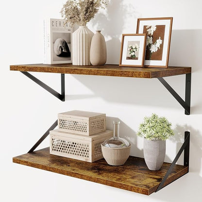 Acovy Deep Floating Shelves,24" Wx10 D Floating Shelf for Wall Set of 2,Hanging Storage Shelf with Metal Brackets,Wide Display Wall Shelves for Living Room,Bedroom,Bathroom,Kitchen,Rustic Brown