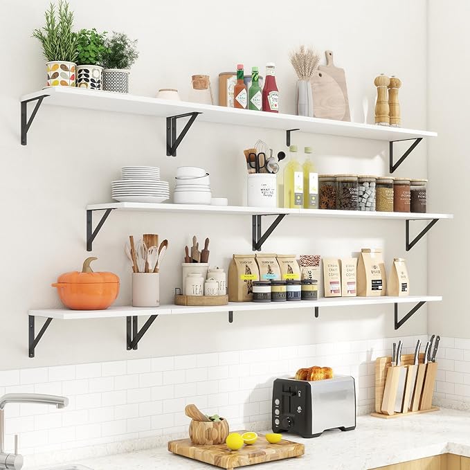 Acovy Deep Floating Shelves for Wall,36Wx8D Wall Mounted Shelves Set of 2,Wall Storage Floating Shelf with Sturdy Metal Brackets for Living Room,Bathroom,Kitchen,Office,White