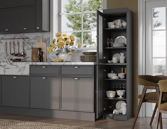 Palace Imports Solid Wood Kitchen Pantry Cabinet w/Frosted Glass Doors - Narrow Storage Cabinet - 16.5" Wide x 71.5" Tall - Gray, Adjustable Shelves, 100% Eco-Friendly Wood, Modular Cabinets